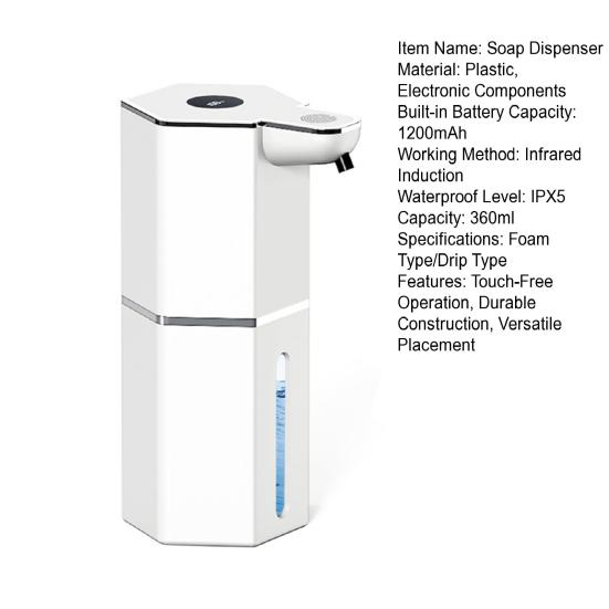 Touchless Automatic Soap Dispenser 360ml Capacity Rechargeable Sensor Liquid Dispenser IPX5 Waterproof Design