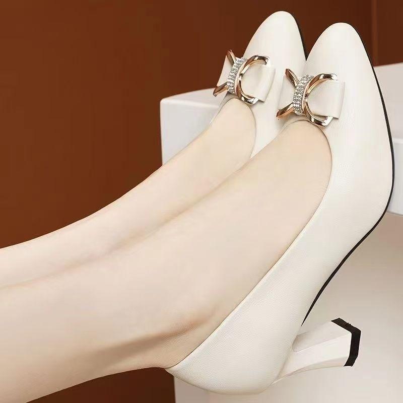Autumn New High Heels Women's Mid-heel Shallow Temperament Single Shoes Women's One-pedal Pointed Workplace Work Shoes