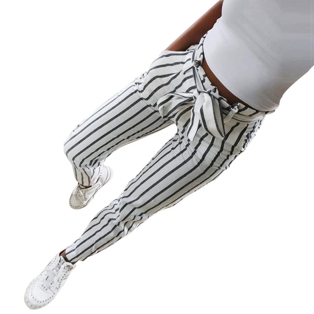 Skinny Women Striped Long Jeans Tie High Waist Ladies Pants Trouser