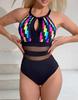 Stylish new onepiece swimsuit with a definitive striped print sexy backless mesh patchwork women's swimsuit