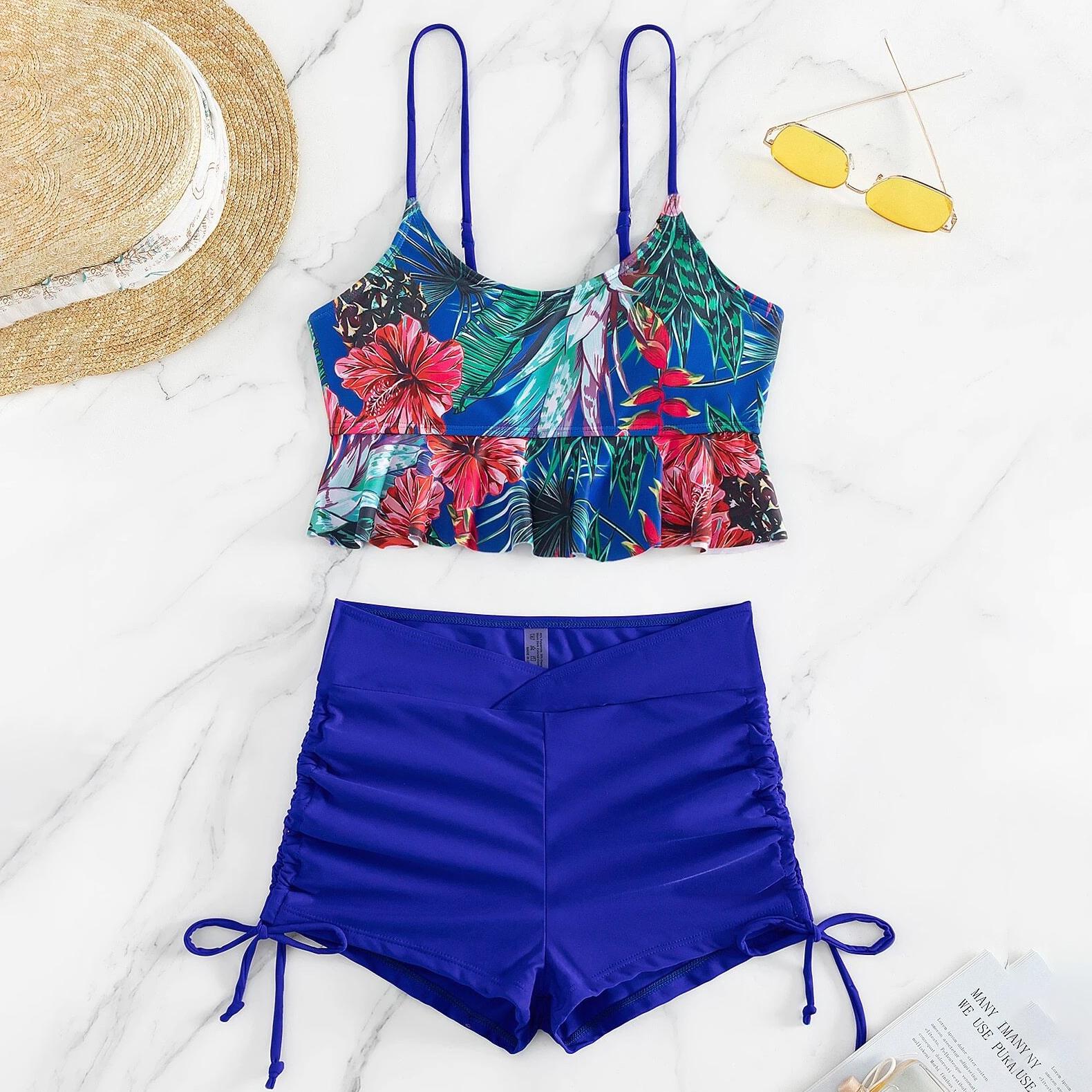 

Жіночий купальник із двох частин із завищеною талією, верхня сорочка, бікіні із зав’язками та принтом XL синій