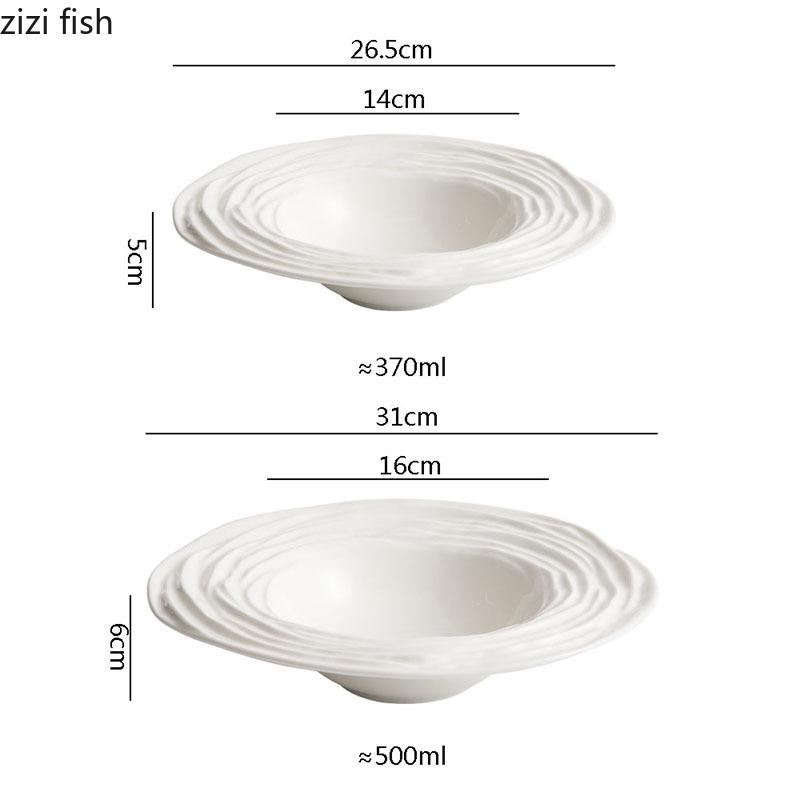 Pure White Ceramic Water Wave Pattern Deep Plate Salad Plate Dessert Plate Pasta Plates Molecular Cuisine Specialty Tableware