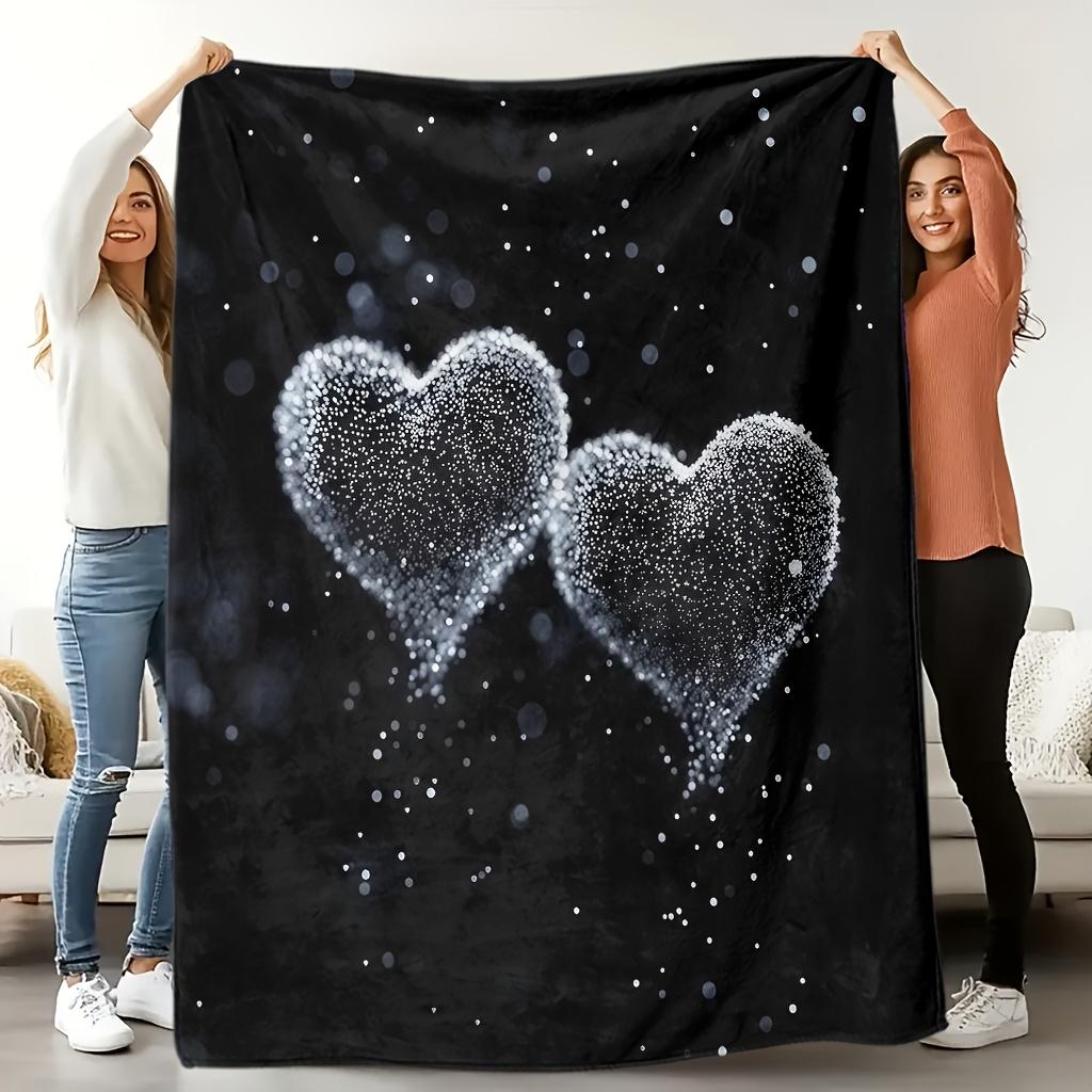 Cozy Black Double Heart Print Flannel Throw Blanket - Soft, Breathable Polyester, Contemporary Style with Sparkling Hearts & Sta