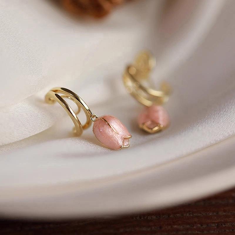 Luxury Europe and America, flower earrings, pink tulip oil earrings, high temperament sweet girl earrings