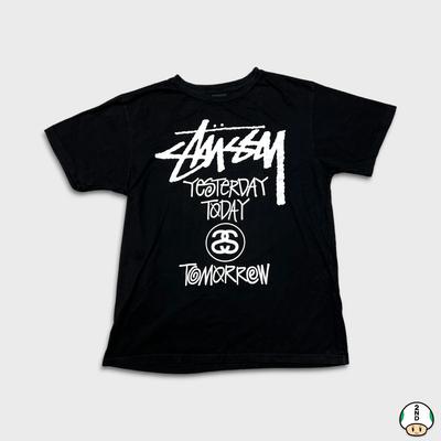 Vintage Y2K Stussy Herren Erwachsener Gestern Heute Morgen Spell Out T-Shirt Groß Schwarz