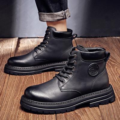 Casual Men's Thick-soled Heightening Trendy British Work Boots Outdoor Autumn And Winter Velvet Thickened Warm Rhubarb Boots
