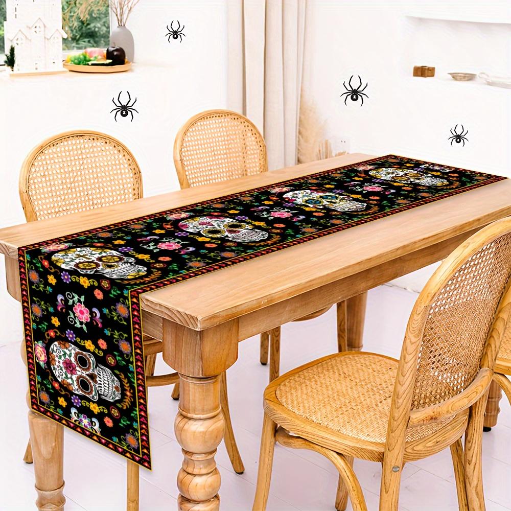Mexican Day of The Dead Sugar Skull Table Runner Tabletop Decor Reusable Dia De Los Muertos Kitchen Table Runner Party Decor