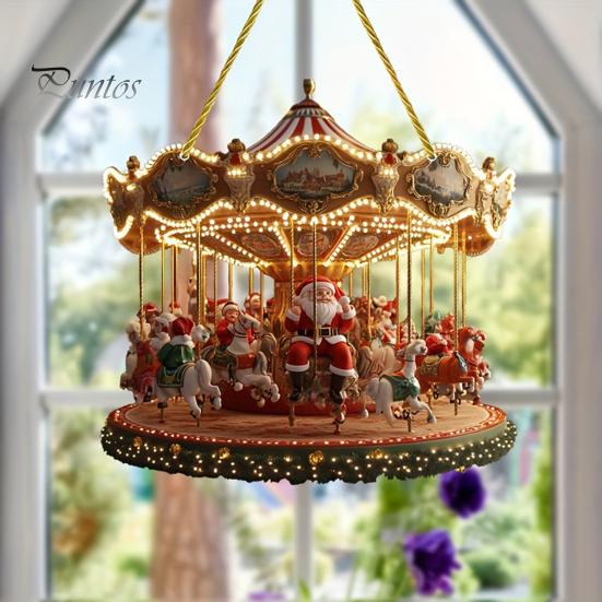 Santa Claus Carousel Pendants Christmas Carousel/Snow Cottage Hanging Ornament, Double-Sided Double Sided Printed Acrylic Charms Pendant for