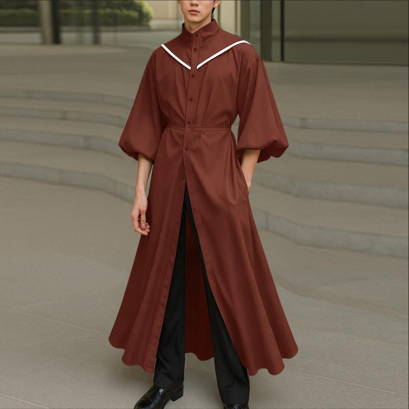 INCERUN Men Stand Neck Long Sleeve Button Up Casual Pleated Long Shirts Tops