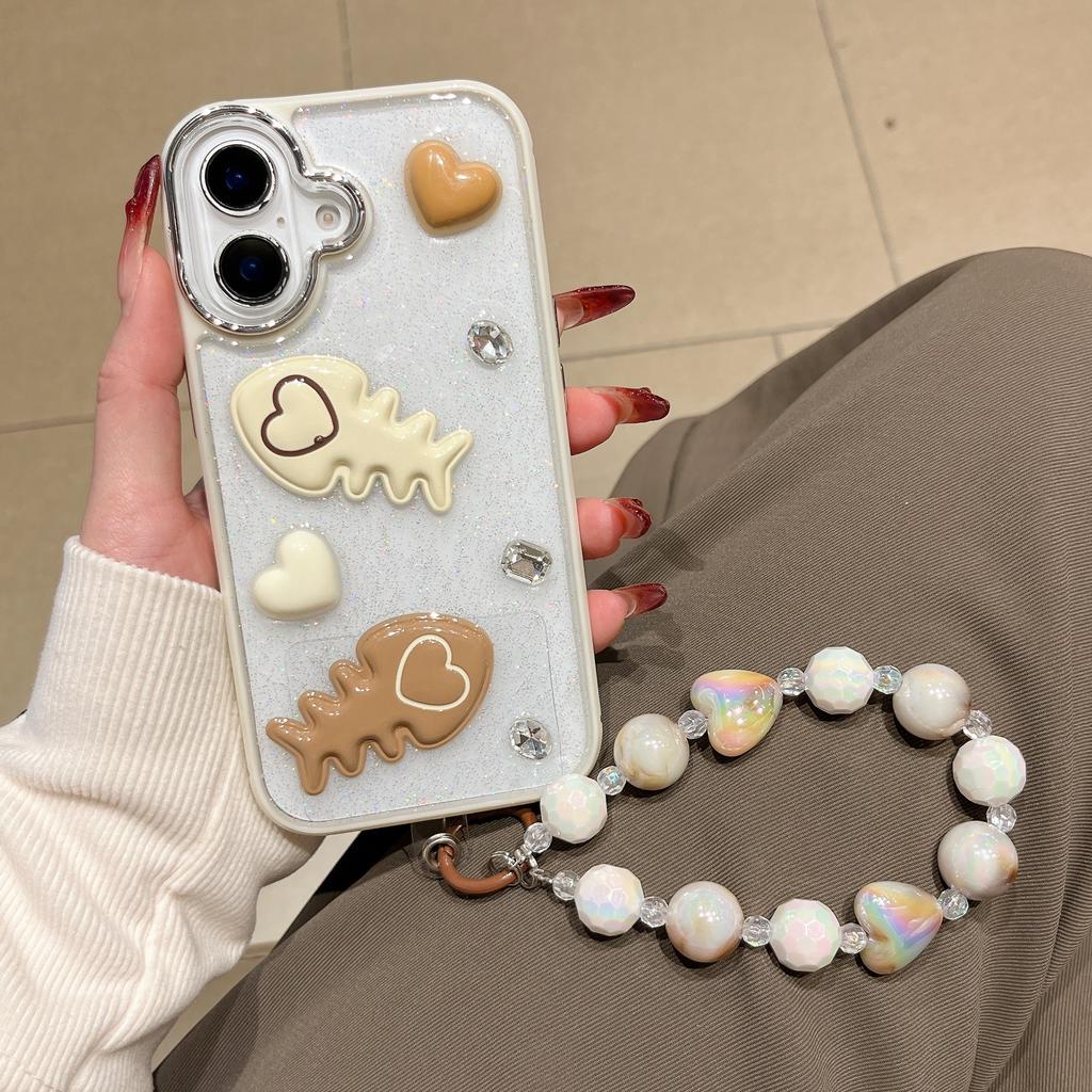 For iPhone 16 Case with Strap Glitter Heart Double Fishbone Epoxy PC TPU Phone Cover