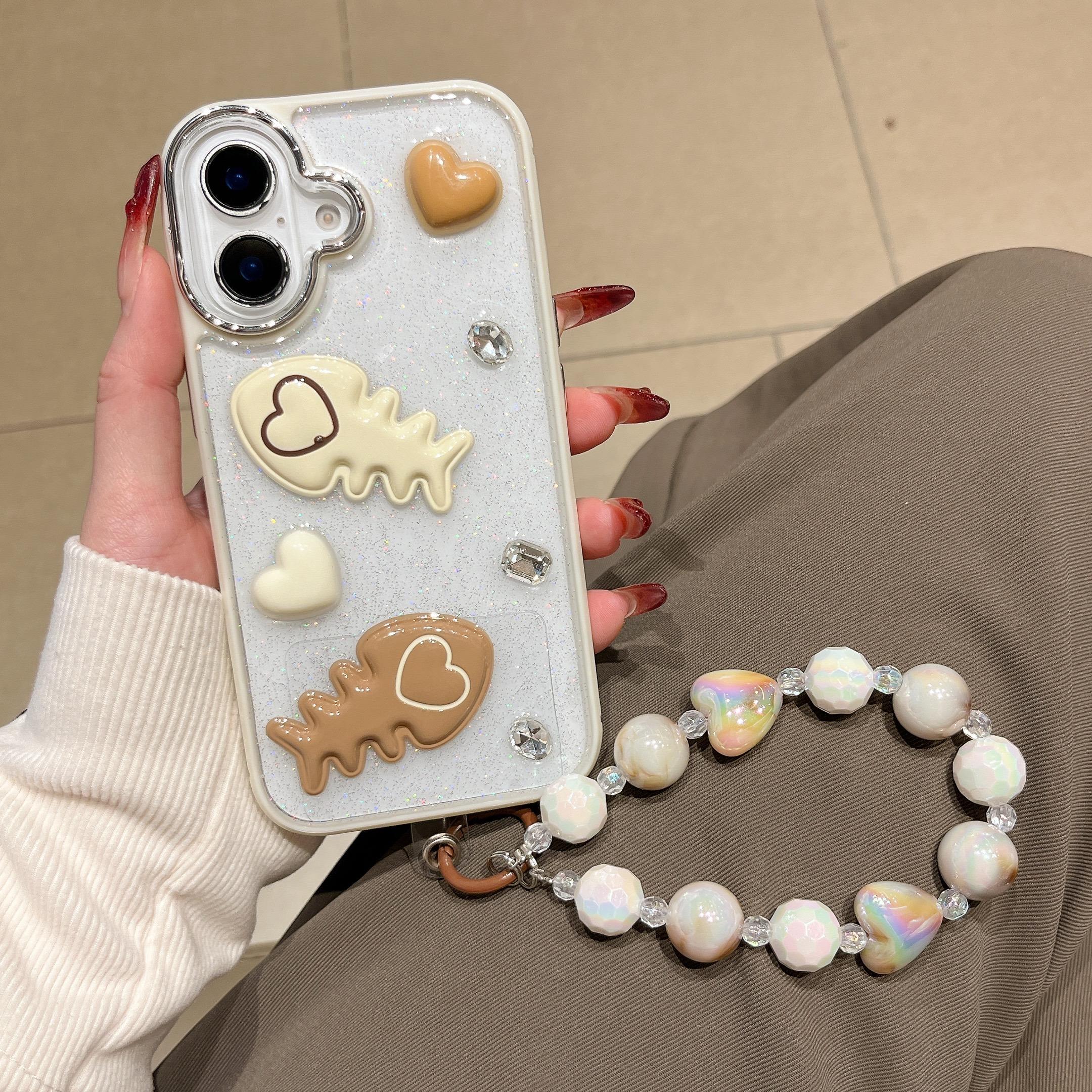 

For iPhone 16 Case with Strap Glitter Heart Double Fishbone Epoxy PC TPU Phone Cover A