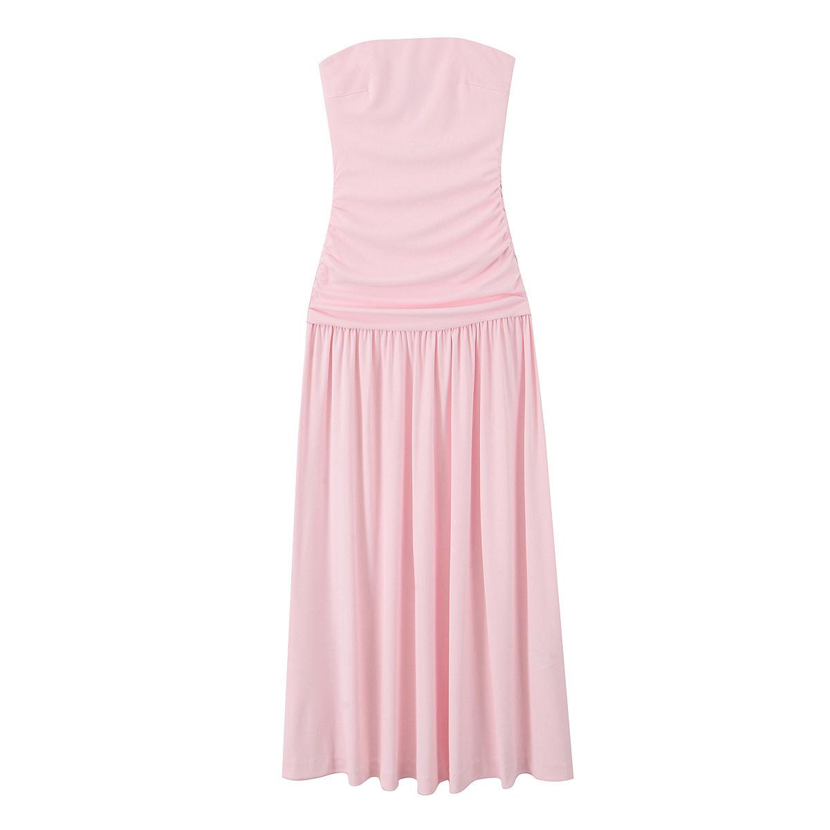 

2025 Spring Women s Elegant Slim Fit Pleated Patchwork Strapless Dress L розовый