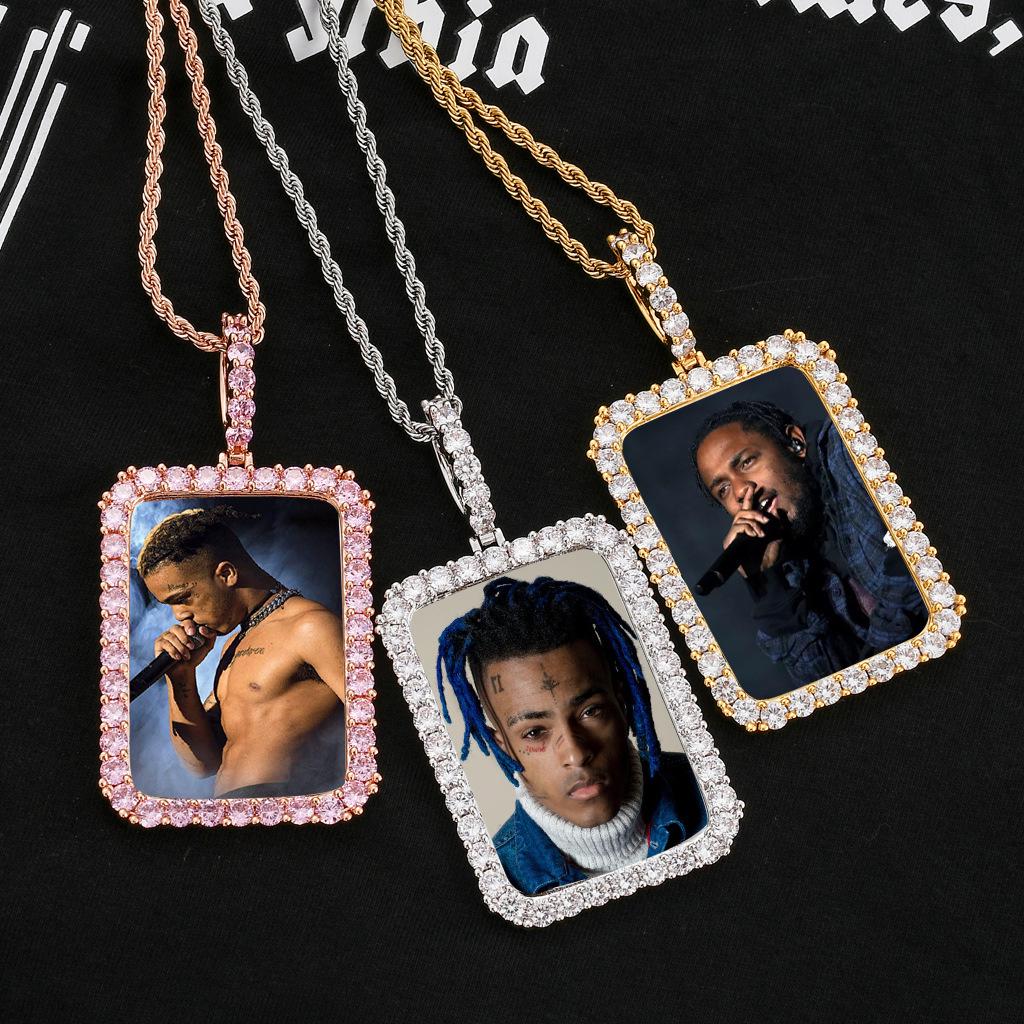 European & American Hip Hop Zircon-Embedded Square Photo Frame Necklace - Custom Image Trendy Street Style Pendant