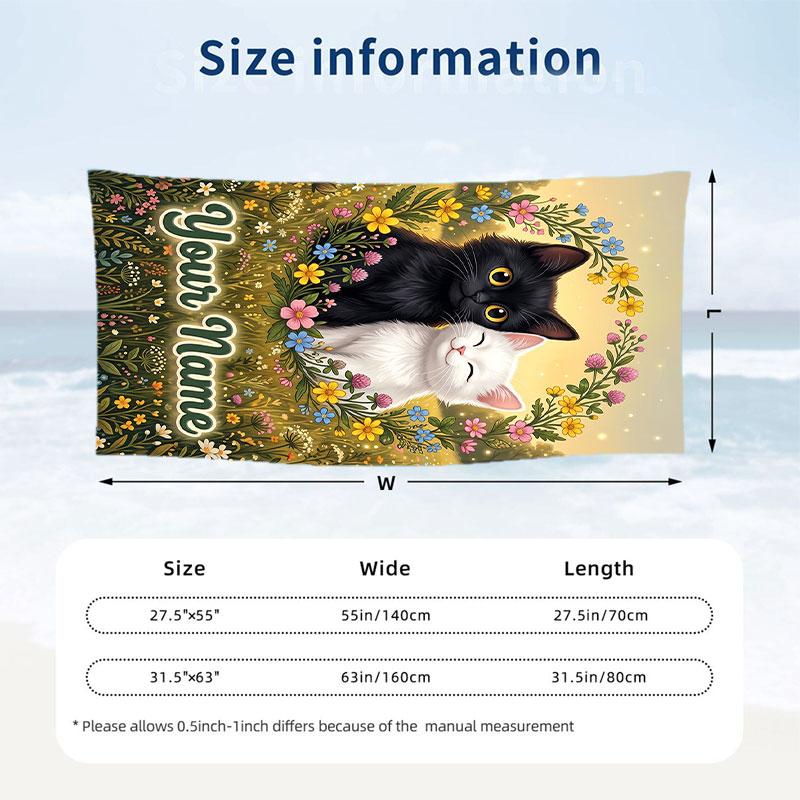 Floral Cat Portrait 1 Theme Quick Dry Beach Towel Custom Name Text Print Large Sand Resistant Towel Beach Vacation