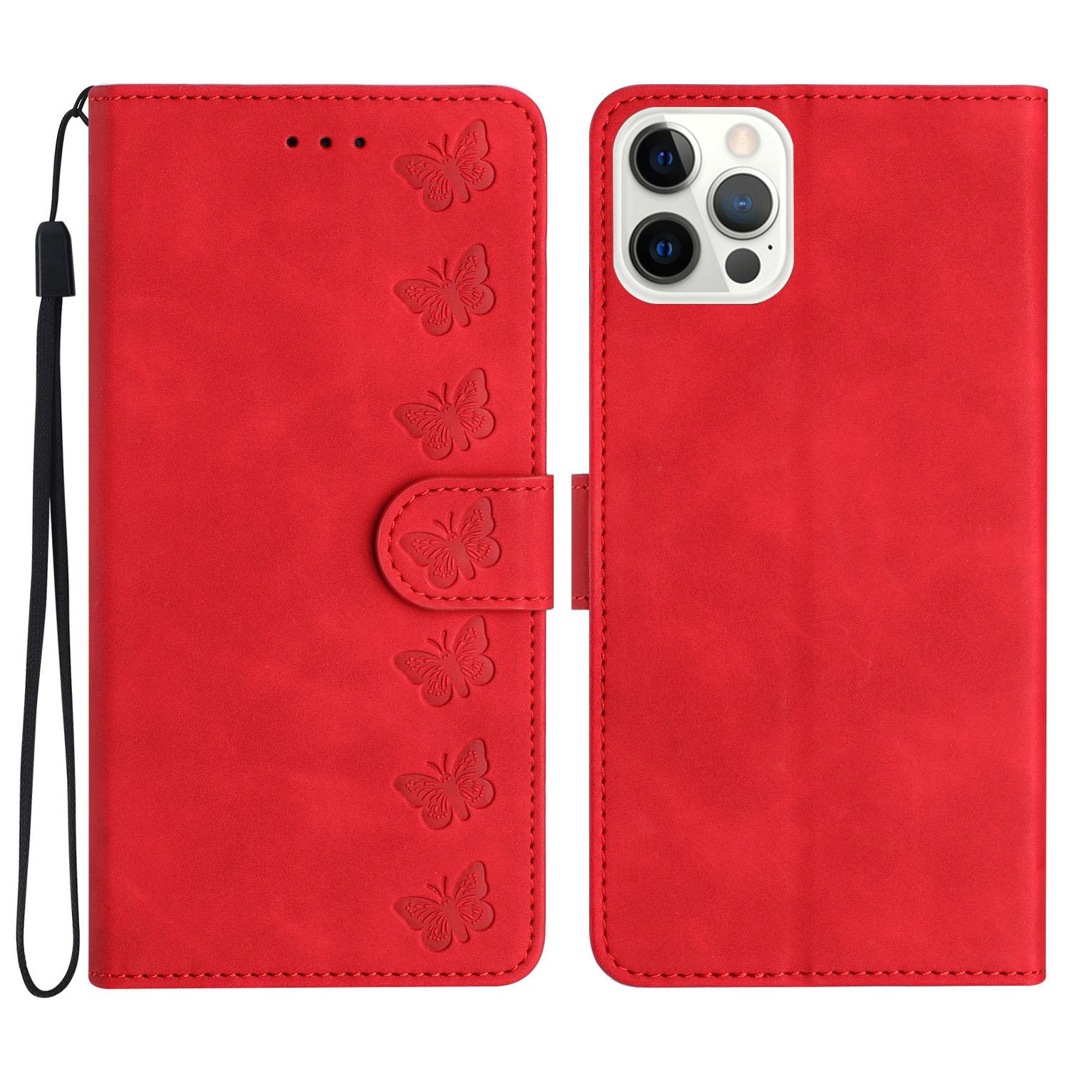 

For iPhone 16 Pro Max Case Wrist Strap Card Holder Slots Butterfly Imprinted PU Leather Phone Cover Red