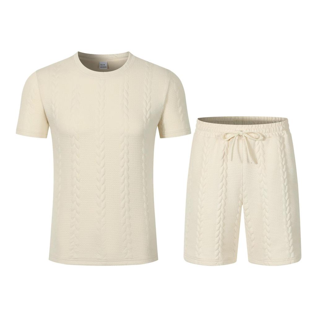 Men's European Solid Color Jacquard Summer Casual Round Neck Short Sleeve T-shirt & Shorts Set