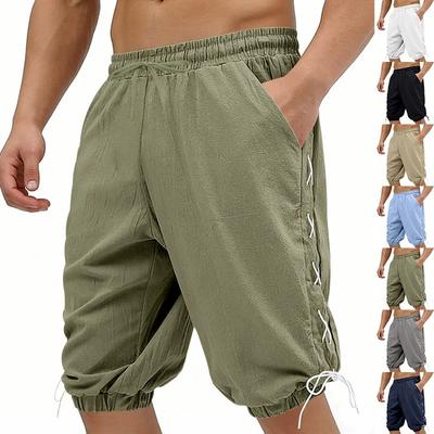 Men Linen Capri Cropped Shorts, Drawstring Elastic Waist Side Lace Up Jogger Pants Loose Summer Beach Casual 3/4 Pants With Pockets Multiple Colors