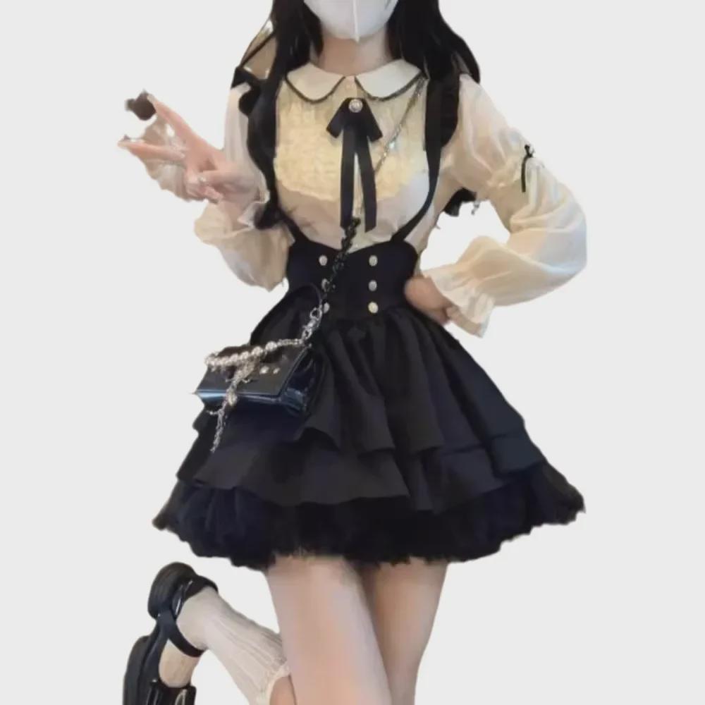 Zestaw spódnicy na szelkach w stylu college plus size i koszuli z kołnierzykiem Piotrusia Pana dla kobiet - Kolekcja Jesień/Zima