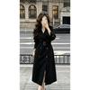 Womens Black Mid-Length Trench Coat 2026 Slim Fit V-Neck Cotton-Polyester Blend With Rhinestone Detail