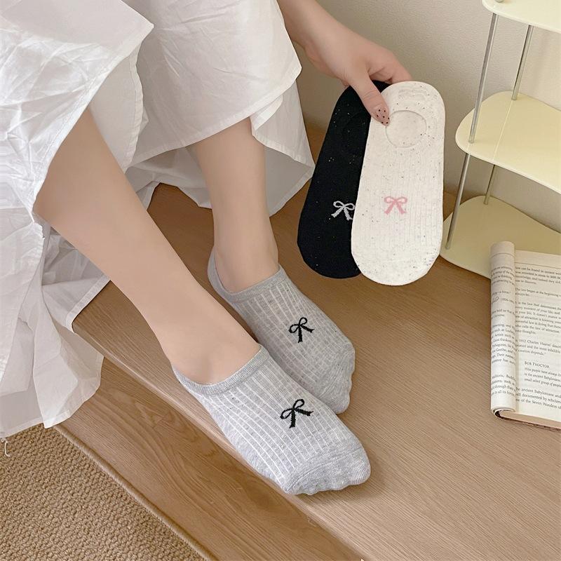 Summer Thin Dot Yarn Bow Boat Socks, Low-top Shallow-mouth Invisible Socks for Women, Anti-slip, Simple, Pure Cotton, No Heel Drop