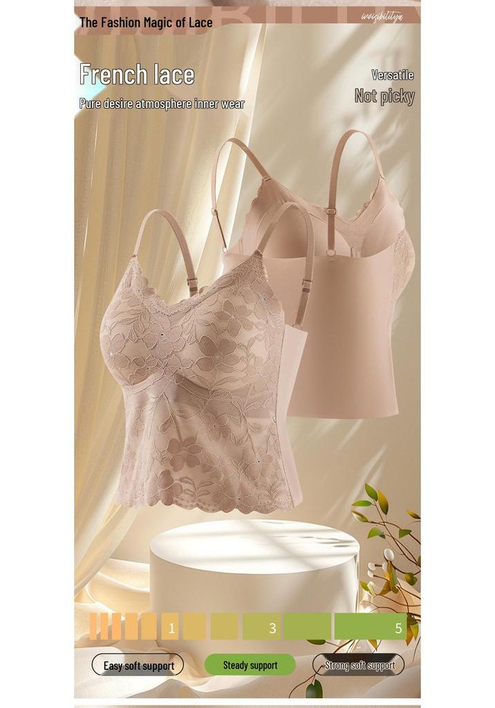 Women's French Lace Camisole Top with Built-in Padding, Side Shaping, Slimming, Bodycon, Inner/Outer Wear, and Stylish Back