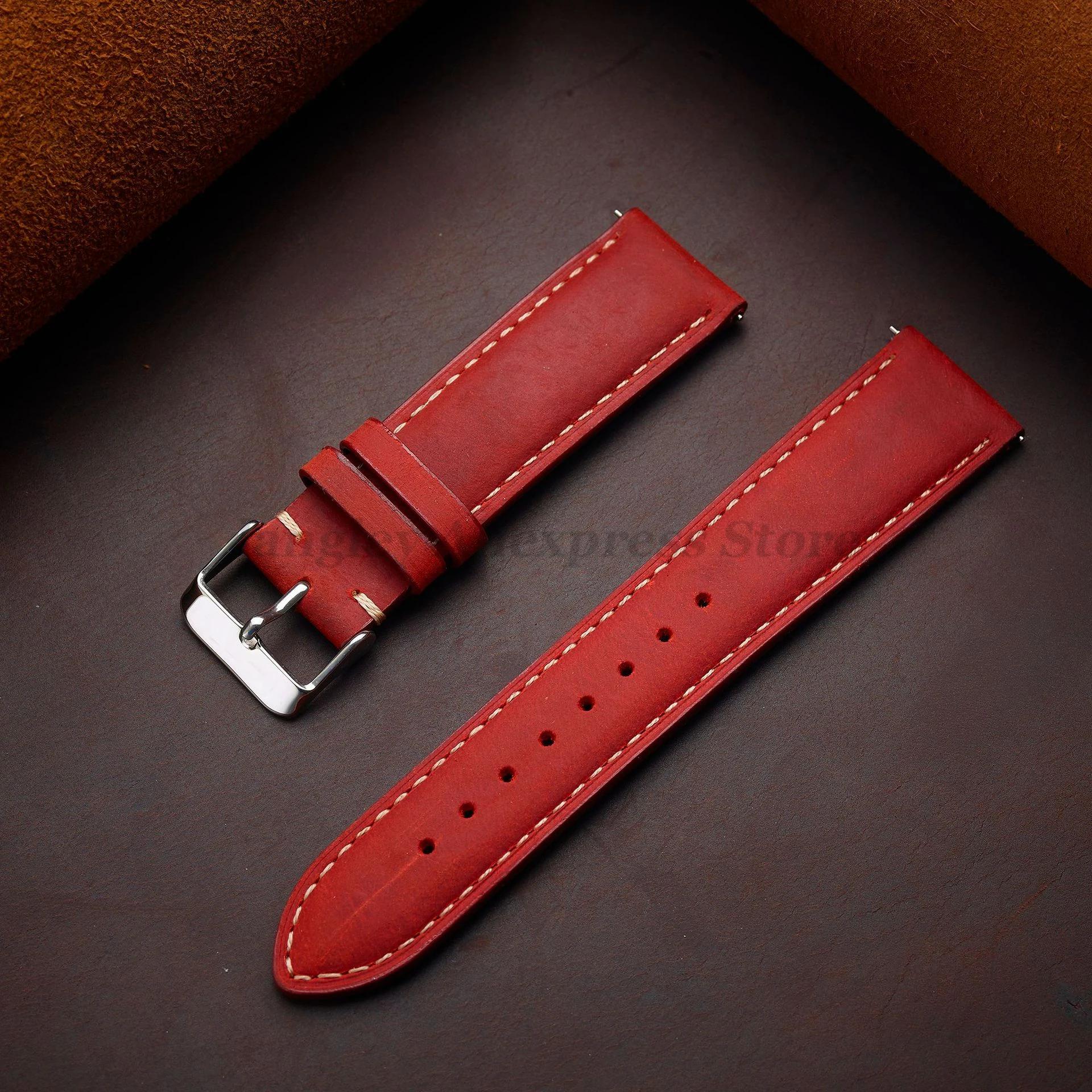 

Кожаный ремешок для часов 14мм 16мм 18мм 20мм 22мм 24мм для Samsung Galaxy Watch7/6/5/4 Винтажный коричневый Быстросъемный Универсальный браслет 24mm красный