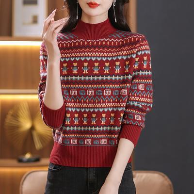 Vintage Knit Sweater Women Winter Semi High Neck Fashion Jacquard Pullover Loose Base Layer Top