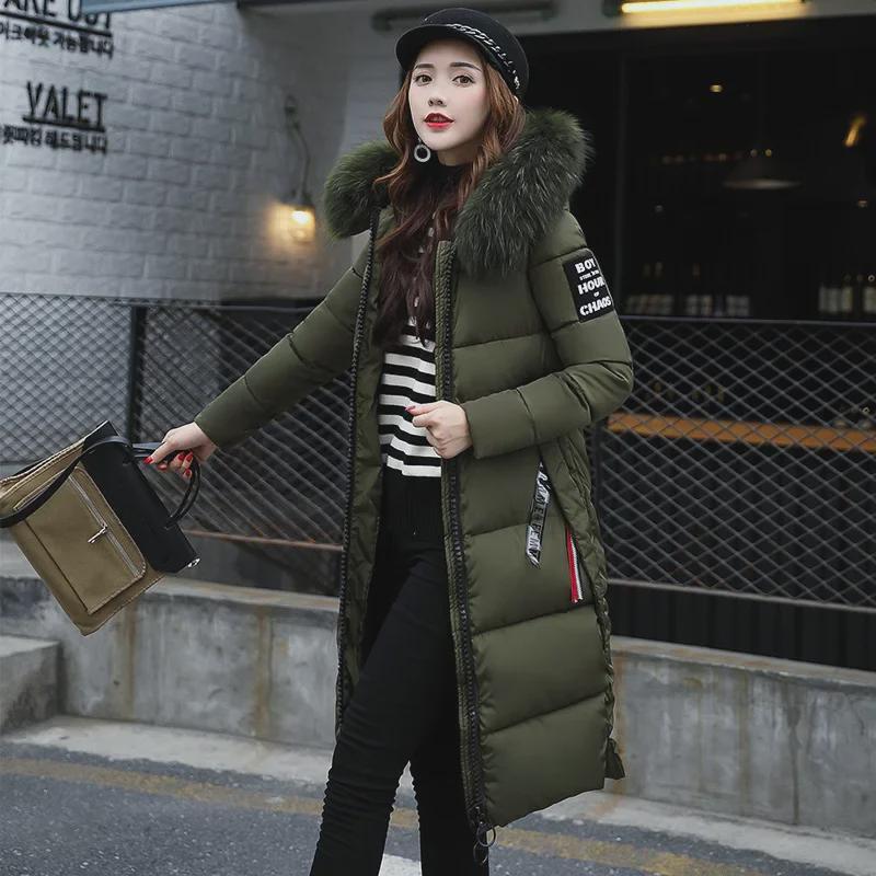 Women's Hooded Long Cotton Coat with Fur Collar