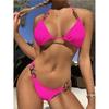 Bikini-Set für Damen, einfarbig, sexy, dreieckig, zweiteiliger Badeanzug, Bikini, hochgeschnittener Bikini, V-Kerbe, gesmokt, Bademode, Bikini-Badeanzug