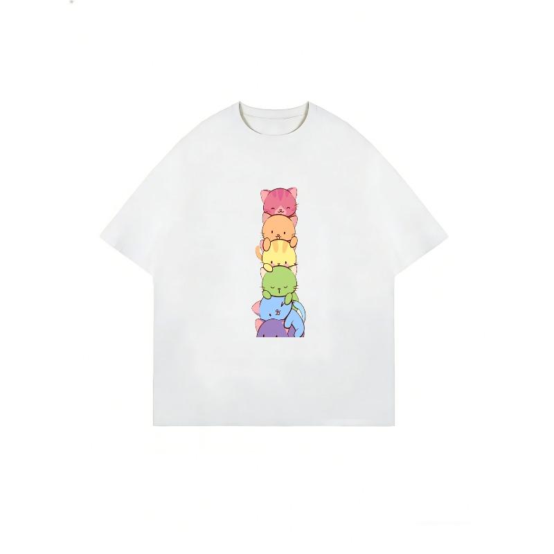 Übergroßes T-Shirt Schwarz Niedliche Katzen Stapel Print Freizeitkleidung Für Damen