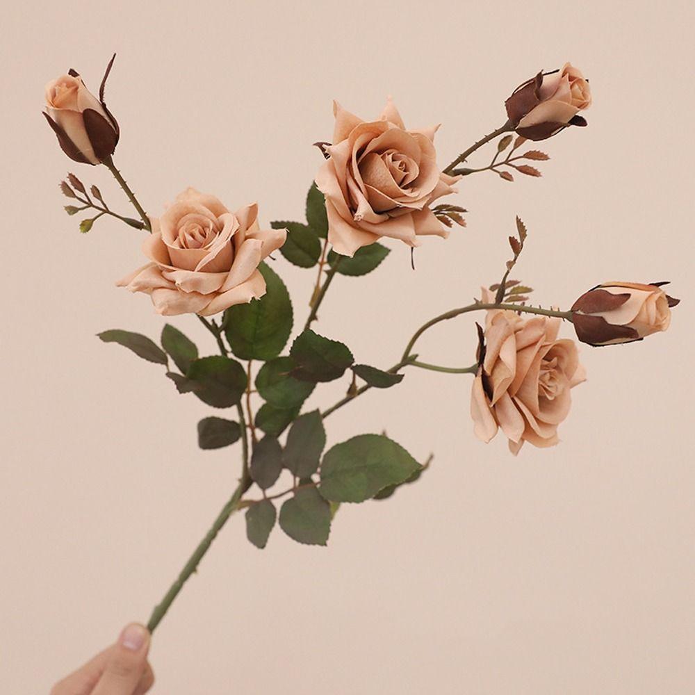 3 Head Simulation Rose Flower Luxury Fake Flowers Artificial Rose Branch  Outdoor Garden Decor