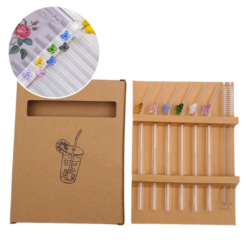 6pc 8mm Glass Straw, Reusable Drinking Straws Cute Butterfly Heat-Resistant Straw For Festival Party Wedding Cocktail Bar Beachs