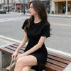 New pure desire style black T-shirt skirt summer round neck waist pleated irregular hem temperament dress