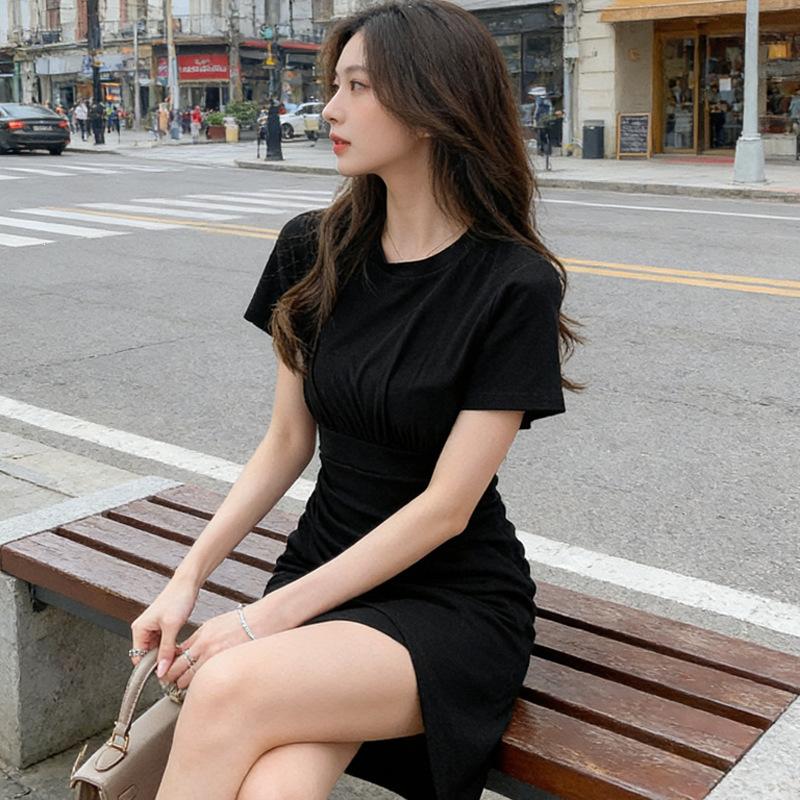 New pure desire style black T-shirt skirt summer round neck waist pleated irregular hem temperament dress