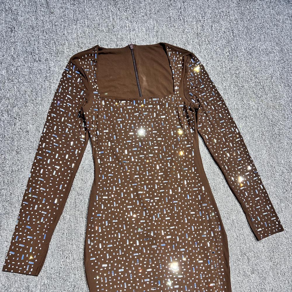 European & American Heavy Industry Rhinestone Sexy Slim-fit Long-sleeve See-through Evening Dress