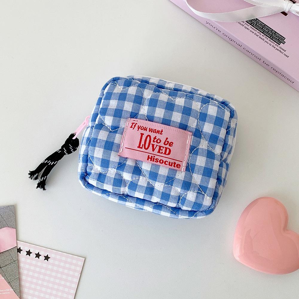 Kawaii Plaid Makeup Storage Lipstick Holder Bag Women's Cute Sanitary Napkin Holder Case Mini Key Earphones Case Organizer Bag