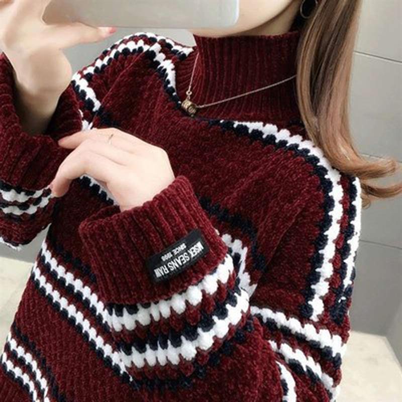 Вязаный свитер из синели, женский повседневный свободный свитер с высоким воротником и длинными рукавами, осень/зима, толстый теплый свитер с низом one size красный