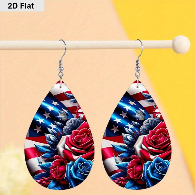 Patriotic American Flag with Sunflower Boots PU Earrings for Women, Independence Day American Flag Rose Flower Water Drop Earrings