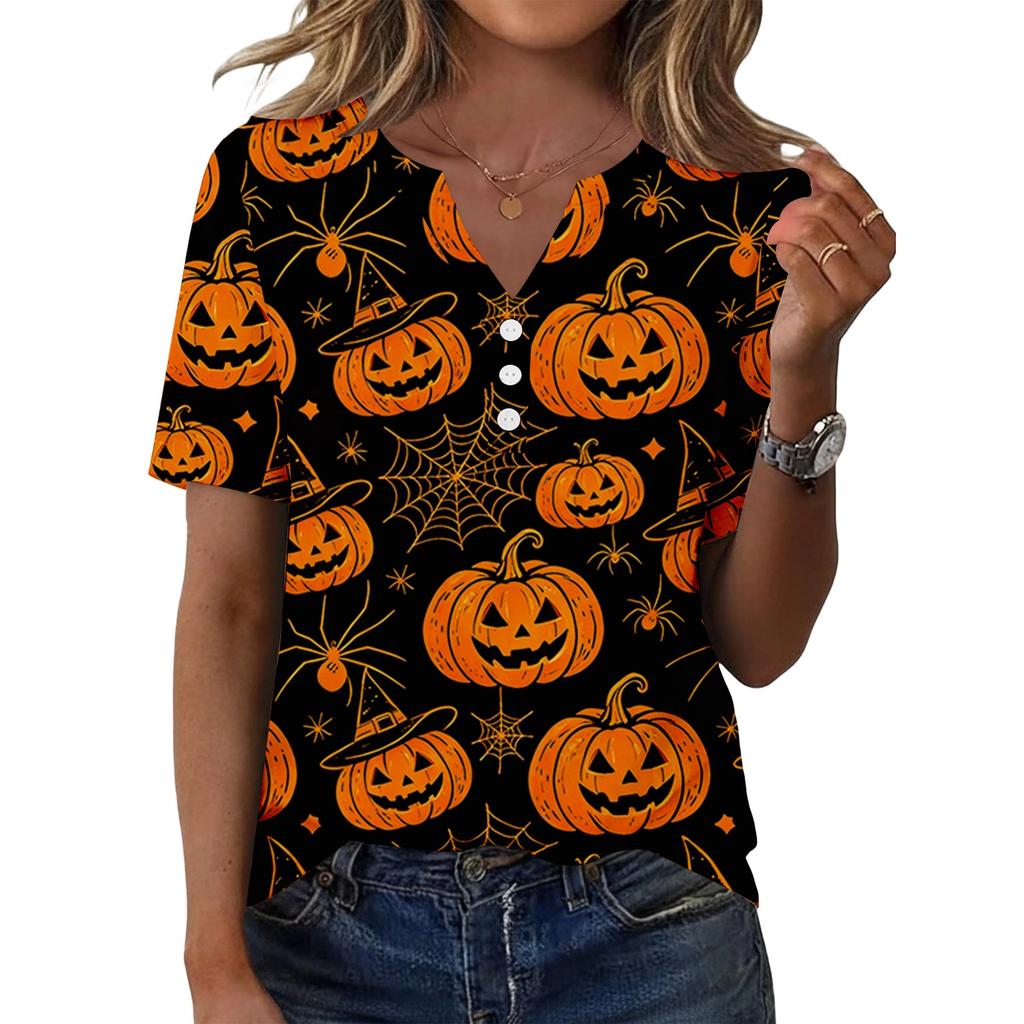 Women's Halloween Print V Neck Short Sleeve Button Front T Shirt Casual Fashion Top for Everyday Wear and Seasonal Events