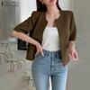 ZANZEA Women Casual Round Neck Loose Summer Short Sleeve Cardigan Blouse