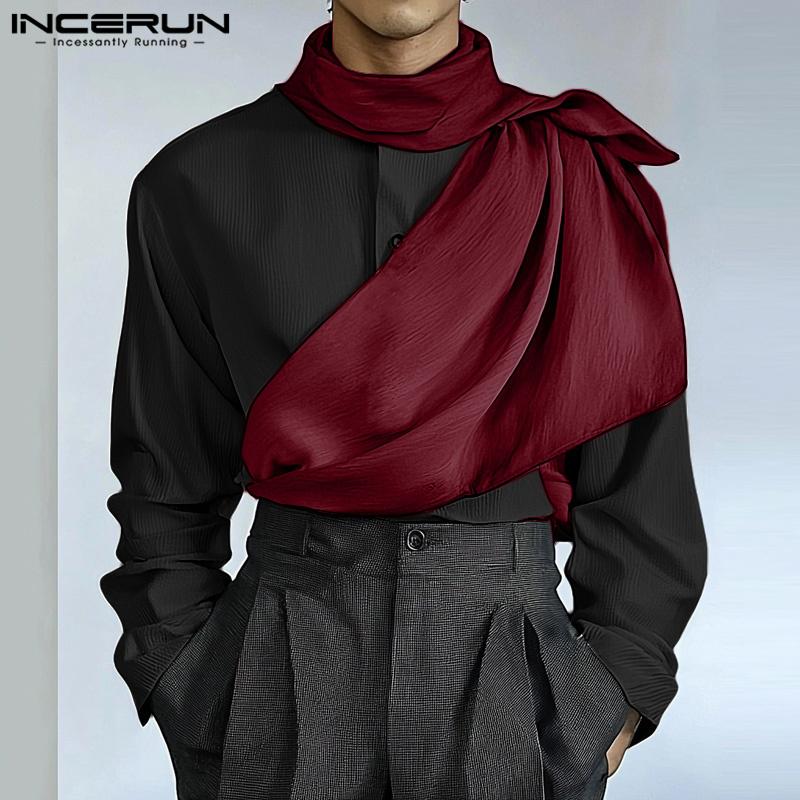 INCERUN Men Cowl Neck Long Sleeve Front Cross Shirts Casual Patchwork Tops