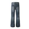 Mens Retro Washed Denim Jeans Straight Fit With Distressed Lightning Crack Detail Casual Slim Flare Trousers