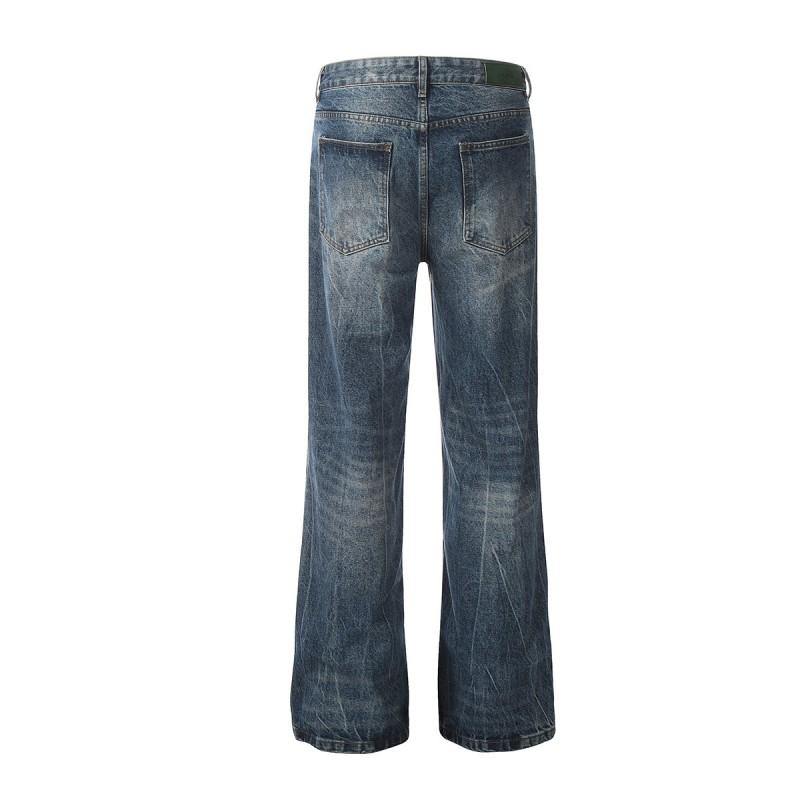 Mens Retro Washed Denim Jeans Straight Fit With Distressed Lightning Crack Detail Casual Slim Flare Trousers