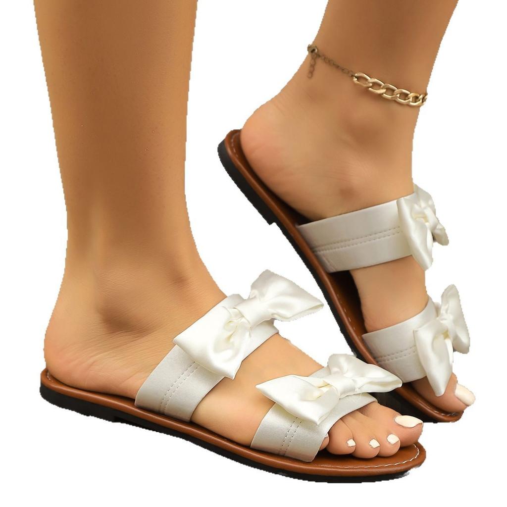 Flat-bottomed European and American One-word Slippers Women's Summer New Large-size Bow Beach Cool Slippers