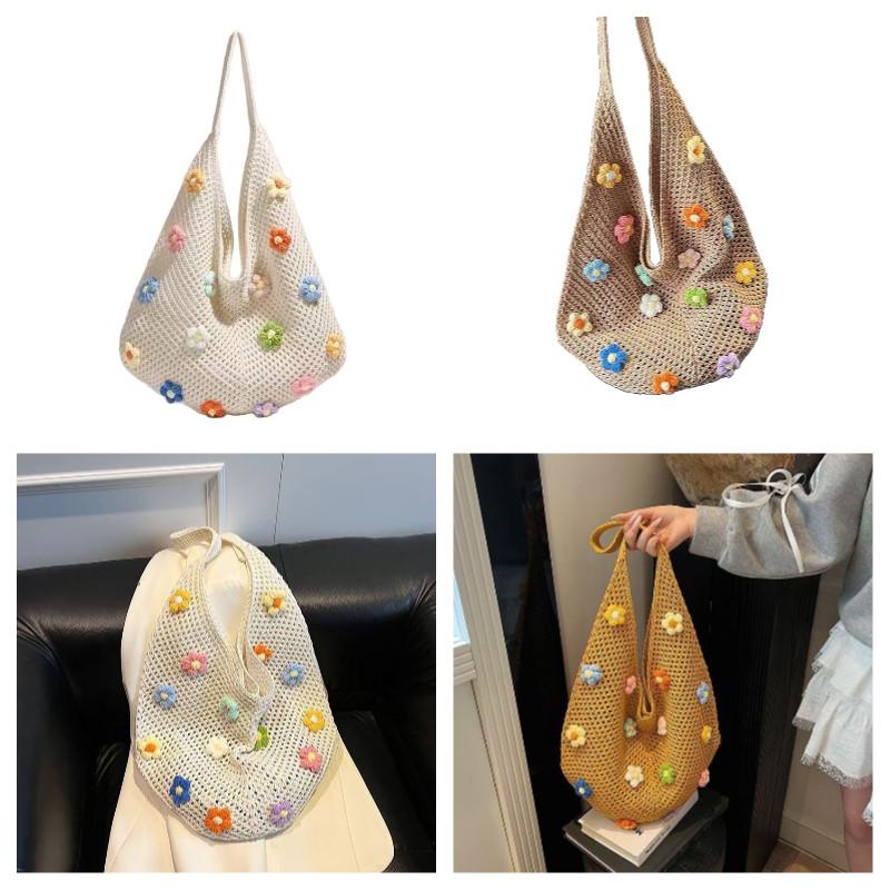 Simple Flower Hollow Knitted Beach Bag Shoulder Bag Women Vest Bag Ins Woolen Bag Shopping Tote