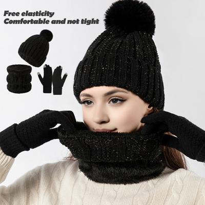 Winter Hat Scarf Gloves Set Fleece Lined Hat Warm Neck Wrap Thick Knitted Touchscreen Gloves