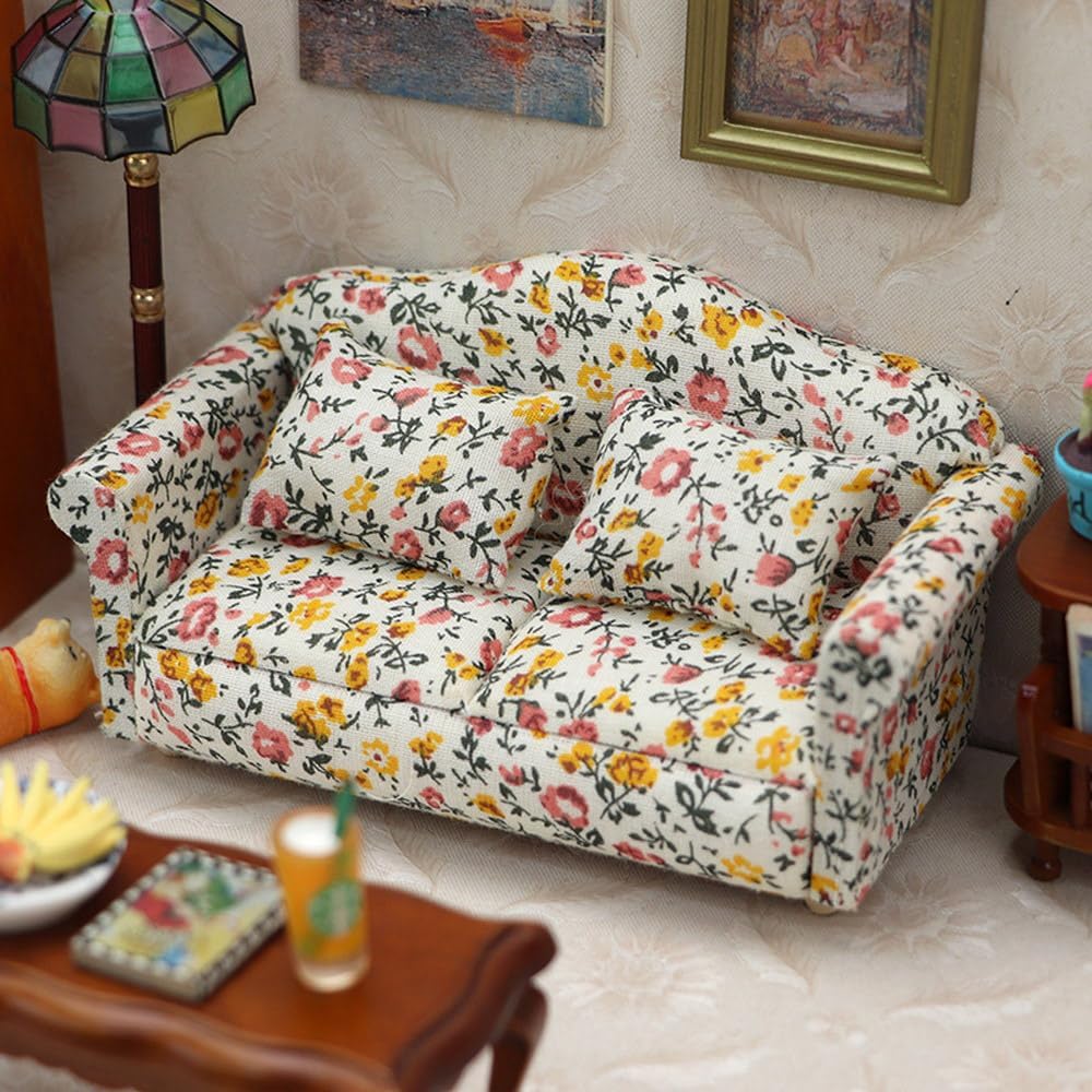 Moin Moin Miniature Furniture 1/12 Scale Sofa Set 3 Pieces White Floral Fabric Dollhouse Accessories
