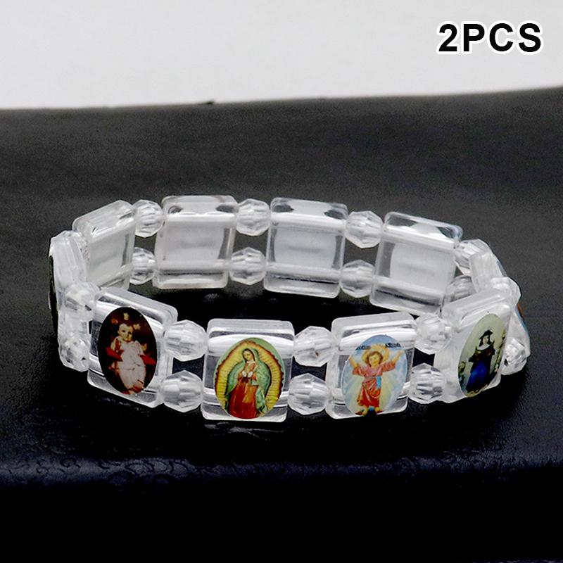 2Pcs Vintage Jesus And Virgin Mary Pvc Rosary Bead Bracelet With Elastic Band Religious Image Stickers For Daily Wear Parties