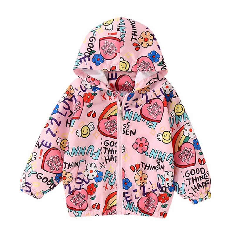2-10 Years Kids Girls Printed Hooded Coat Thin Zipper Jacket