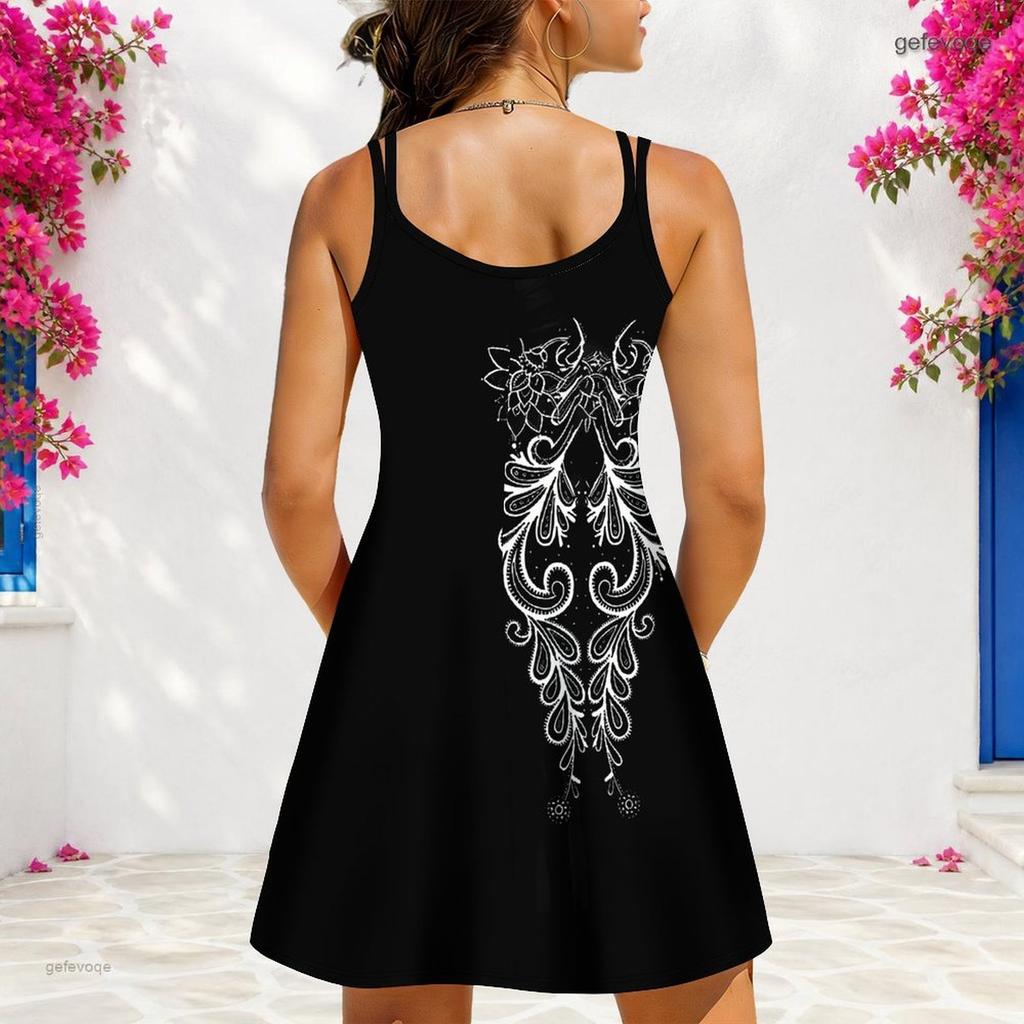 Women Plus Size V Neck Double Straps Sleeveless Printed Black Mini Dress